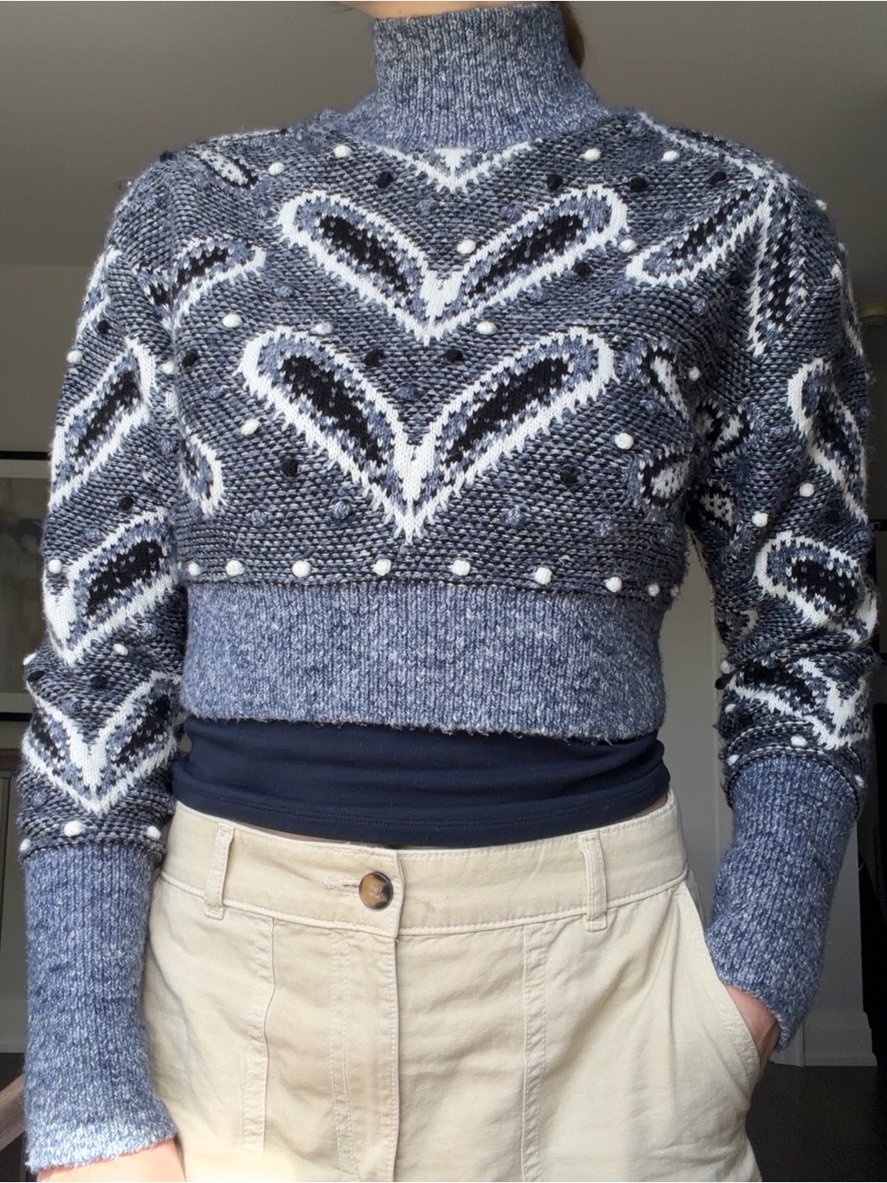 Cropped Blue Patterned Women's Sweater